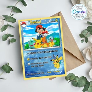 May include: A custom birthday invitation featuring a yellow border and a blue background with the text "Daniel is turning 6". The invitation includes cartoon characters and the text "I CHOOSE YOU TO CELEBRATE!" with event details.