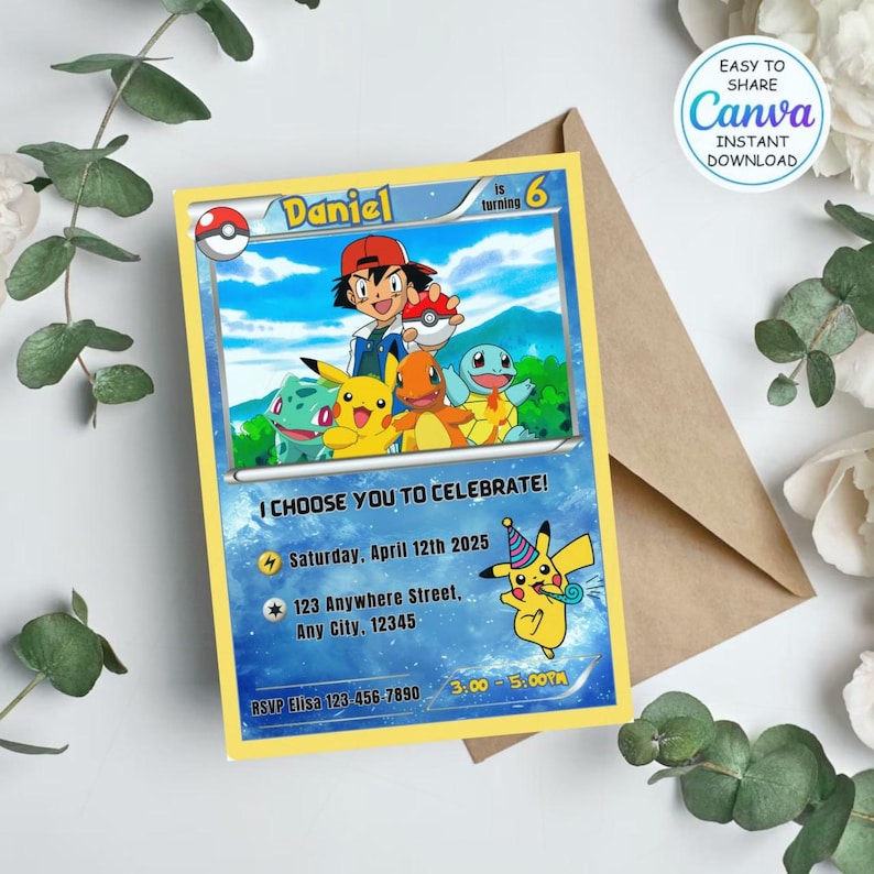 May include: A custom birthday invitation featuring a yellow border and a blue background with the text "Daniel is turning 6". The invitation includes cartoon characters and the text "I CHOOSE YOU TO CELEBRATE!" with event details.