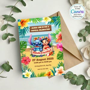 Stitch Birthday Invitation, Lilo And Stitch Birthday Invite, Stitch Birthday Party Invitation Template, Stitch Birthday Girl, Canva Editable