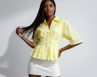 Gelbe Schößchen Bluse | Maßgeschneidertes Hemd mit Kragen | Sommer Business Casual | Retro-Chic-Damenmode | Handgefertigt