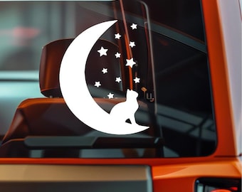May include: White vinyl decal featuring a crescent moon with a cat silhouette and stars. The cat is sitting on the moon, with stars scattered around. This decal is designed for application on a vehicle window.