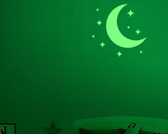 Wandtattoo im Halbmond mit Sternen – Leuchtender Nachthimmel-Aufkleber für Schlafzimmer, Wohnzimmer oder Kinderzimmer