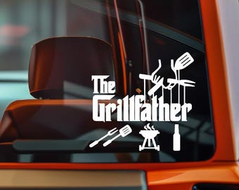 Naklejka Grillfather | Zabawna naklejka winylowa BBQ | Naklejka na samochód dla taty grillującego | Prezent dla mistrza grilla | Wodoodporna naklejka zewnętrzna
