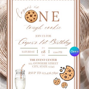 May include: A birthday invitation card with brown vertical stripes featuring a chocolate chip cookie as the letter O in the word ONE. Text reads Cooper is ONE tough cookie, Cooper's 1st Birthday, Saturday June 08 2025, 1:00 PM, and event details.