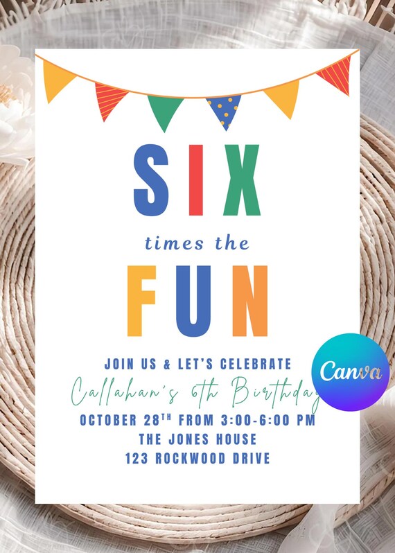 Boys 6th Birthday Invitation, Girls 6th Birthday Invite, Unisex Birthday Party Theme, Sixth Birthday Invitation, Editable Template