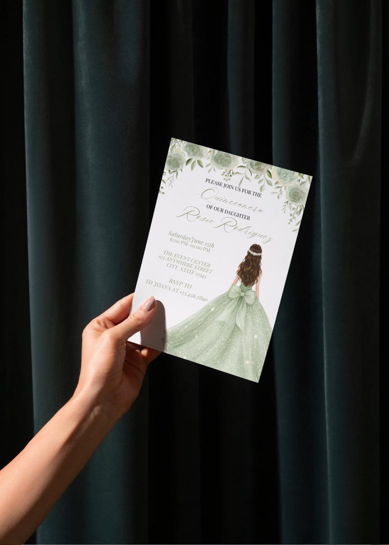 May include: A Quincea&ntilde;era invitation card held by a hand. The card features an illustration of a girl in a green gown, with the text "Please join us for the Quincea&ntilde;era of our daughter Rosie Rodriguez". The event details are also included.