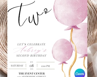 Girl 2nd Birthday Invitation, Balloon Birthday Invite, Girl Second Birthday Invite, Pink Invitation Digital, Printable