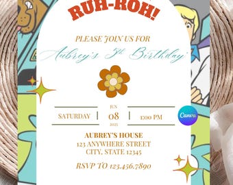 Mystery Dog Party Invitation, Retro Van Second Birthday, Groovy Dog Birthday, Ruh Roh Birthday Invite, Editable Template, Printable