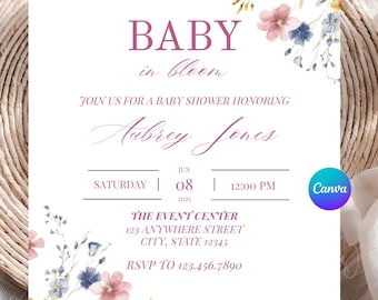 Baby In Bloom Invite, Floral Baby Shower Invitation, Girl Baby Shower Invitation, Baby Sprinkle Invitation, Digital, Printable