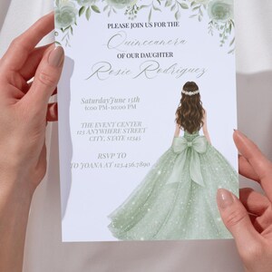May include: A Quincea&ntilde;era invitation featuring a watercolor illustration of a young woman in a green gown. The invitation includes the text "Please join us for the Quincea&ntilde;era of our daughter Rosie Rodriguez" and event details.