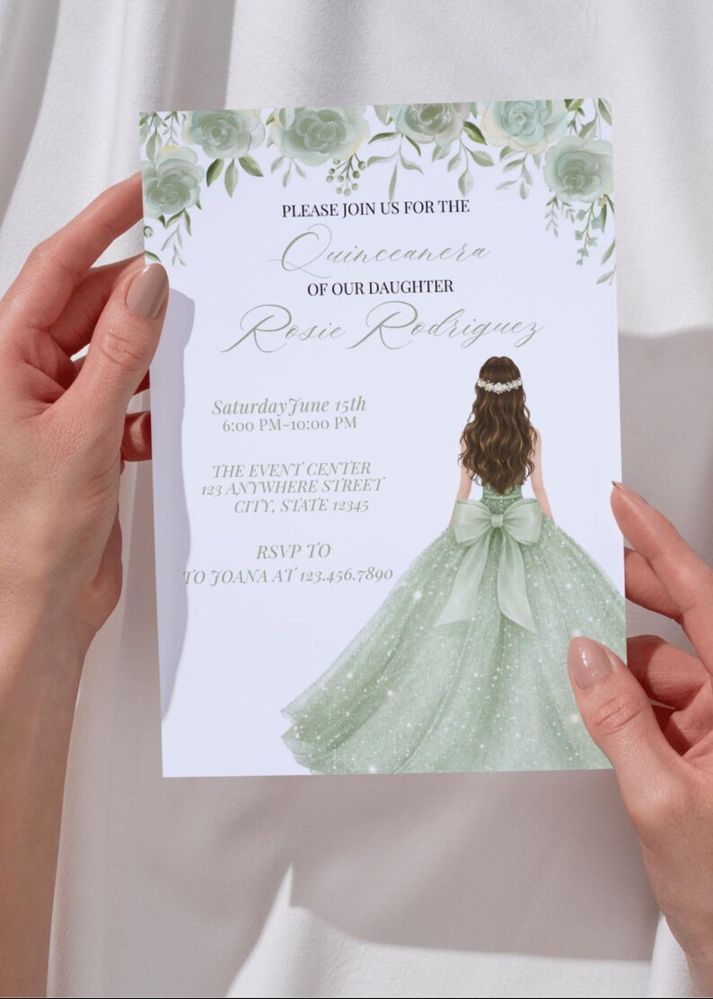 May include: A Quincea&ntilde;era invitation featuring a watercolor illustration of a young woman in a green gown. The invitation includes the text "Please join us for the Quincea&ntilde;era of our daughter Rosie Rodriguez" and event details.