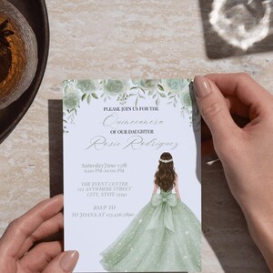 May include: A Quincea&ntilde;era invitation card with a watercolor illustration of a girl in a green gown. The invitation includes event details: date, time, and location. The text reads "Please join us for the Quincea&ntilde;era of our daughter Rosie Rodriguez."