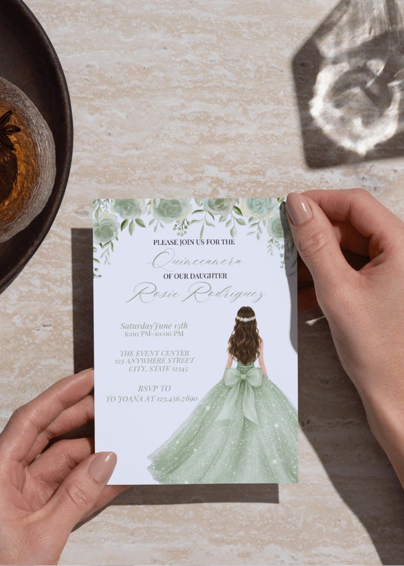 May include: A Quincea&ntilde;era invitation card with a watercolor illustration of a girl in a green gown. The invitation includes event details: date, time, and location. The text reads "Please join us for the Quincea&ntilde;era of our daughter Rosie Rodriguez."