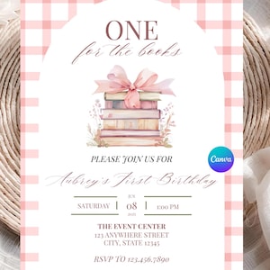 May include: A rectangular birthday invitation card featuring a light pink and white gingham border. The centre displays a stack of books topped with a pink ribbon, with text reading ONE for the books, PLEASE JOIN US FOR Aubrey's First Birthday.