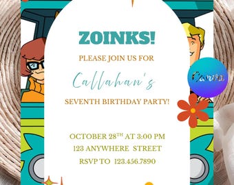 Mystery Dog Party Invitation, Retro Van, Groovy Dog Birthday, Zoinks Birthday Invite, Editable Template, Printable, Digital