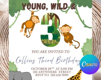 Young Wild & Three 3rd Birthday Invitation, Jungle Animal Third Birthday Party Invite, Safari Animal Theme, Editable Template, Printable