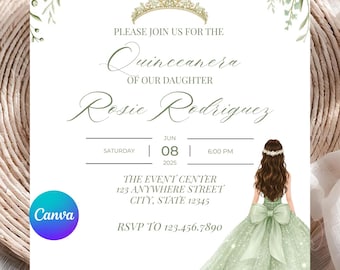 Quinceañera Invite Digital Download Sweet 15 Birthday Invitations Sage Green Quinceañera Invitation Printable Mis Quince Años Invitacion