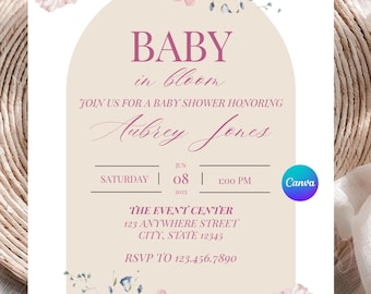 Baby In Bloom Invite, Floral Baby Shower Invitation, Girl Baby Shower Invitation, Baby Sprinkle Invitation, Digital, Printable