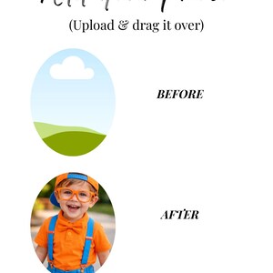 May include: A digital template featuring the text Add your photo (Upload & drag it over) above an oval placeholder with a blue sky and green hills. Below, the text BEFORE and AFTER labels a circular photo of a child wearing orange.
