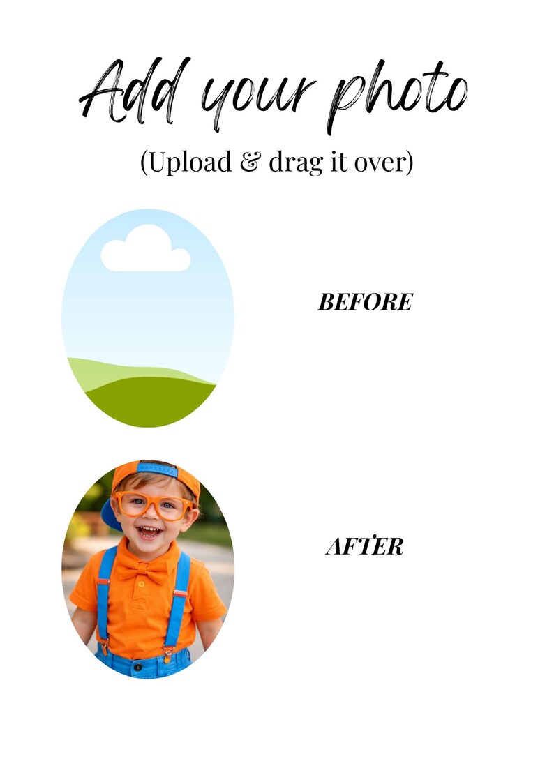 May include: A digital template featuring the text Add your photo (Upload & drag it over) above an oval placeholder with a blue sky and green hills. Below, the text BEFORE and AFTER labels a circular photo of a child wearing orange.