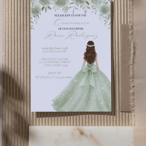 May include: A quincea&ntilde;era invitation featuring a watercolor illustration of a girl in a green gown. The invitation includes the text "Please join us for the Quincea&ntilde;era of our daughter Rosie Rodriguez" and event details.
