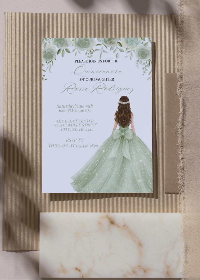 May include: A quincea&ntilde;era invitation featuring a watercolor illustration of a girl in a green gown. The invitation includes the text "Please join us for the Quincea&ntilde;era of our daughter Rosie Rodriguez" and event details.
