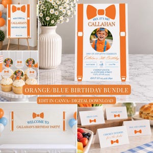 May include: A birthday party stationery bundle featuring orange bow tie and suspender graphics with blue text. Includes a welcome sign, invitation with a child's photo, cupcake toppers, a banner, and food labels for fruit, veggies, and chicken tenders.