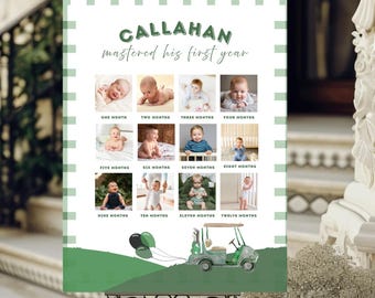May include: A white milestone poster with a green gingham border featuring the text CALLAHAN mastered his first year. It includes twelve square photo slots labeled one through twelve months, with a watercolor golf cart and balloons at the bottom.