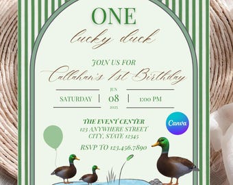 One Lucky Duck Invites, Duck Birthday Invite, 1st Birthday Invitations, Hunting Birthday, Digital Download, Printable