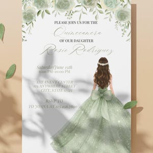 May include: A Quincea&ntilde;era invitation featuring a watercolor illustration of a young woman in a green gown. The invitation includes the text "Please join us for the Quincea&ntilde;era of our daughter Rosie Rodriguez."