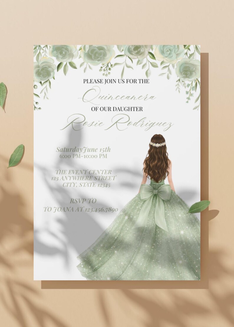 May include: A Quincea&ntilde;era invitation featuring a watercolor illustration of a young woman in a green gown. The invitation includes the text "Please join us for the Quincea&ntilde;era of our daughter Rosie Rodriguez."