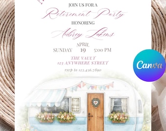 Retired Invite, Campers Retirement Invitation, Gender Neutral Camping Retirement Party, Editable, Printable