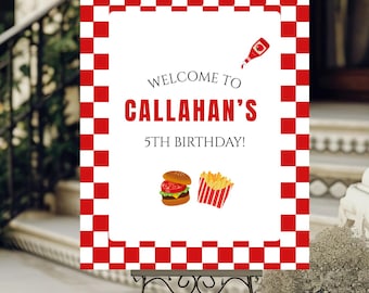 Five Guys Birthday Welcome Sign Template, Editable Fifth Birthday Party Decor, Burgers & Fries Birthday Welcome Poster D1