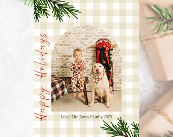 Christmas Bow Photo Card- Boho Photo Holiday Card Template- Christmas Photo Card Printable- Retro Checkered Modern Card- Editable Template