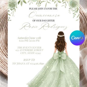 Celebrate her special day with this beautiful editable quinceañera invitation template! Perfect for a Sweet 15 celebration, this elegant invitation design is fully customizable, allowing you to easily edit all text, colors, and details right from your phone or computer.

This quinceañera invite features a stunning design ideal for modern, floral, princess, or glam-themed parties.