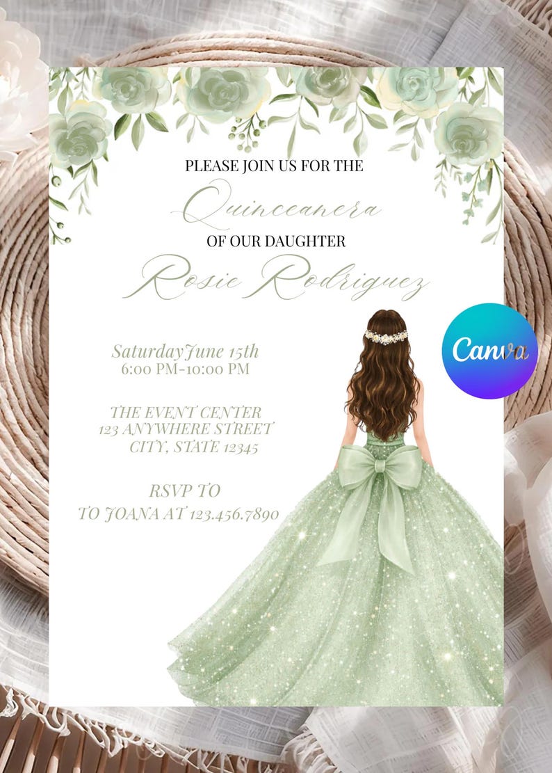 Celebrate her special day with this beautiful editable quinceañera invitation template! Perfect for a Sweet 15 celebration, this elegant invitation design is fully customizable, allowing you to easily edit all text, colors, and details right from your phone or computer.

This quinceañera invite features a stunning design ideal for modern, floral, princess, or glam-themed parties.