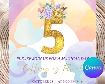 Unicorn Birthday Party Invite Digital, Rainbow Fifth Birthday Invitation, Girls 5th Unicorn Invitation, Edible, Printable