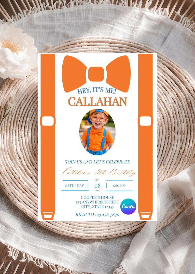 May include: A birthday invitation card featuring a large orange bow tie graphic at the top and orange suspenders on the sides. The text reads HEY, IT'S ME! CALLAHAN, JOIN US AND LET'S CELEBRATE, Callahan's 5th Birthday, SATURDAY JUN 08 2025 1:00 PM.