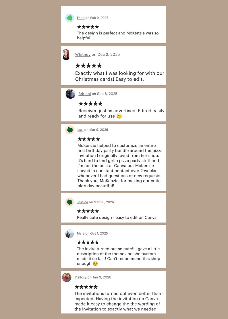 May include: A vertical collection of seven customer reviews displayed in white rectangular boxes against a light brown background. Each review features a five-star rating, a customer name, a date, and written feedback regarding digital design services.