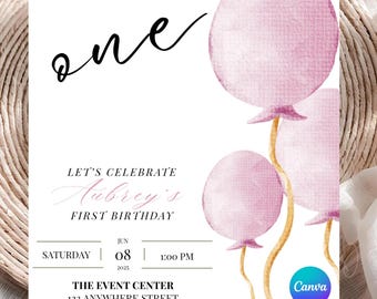 Girl 1st Birthday Invitation, Simple Birthday Invitation, Balloon Invitation Printable, Pink Balloon Party Invite, Digital Download