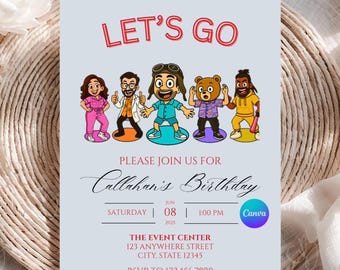 May include: A light blue birthday invitation card featuring the text LET'S GO, PLEASE JOIN US FOR Callahan's Birthday, SATURDAY JUN 08 1:00 PM 2025, THE EVENT CENTER 123 ANYWHERE STREET CITY, STATE 12345, and RSVP TO 123.456.7890 with five cartoon characters.
