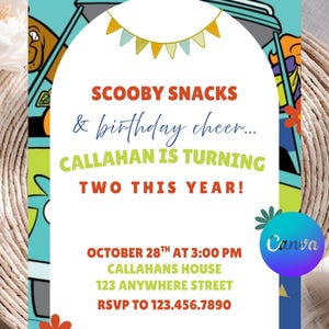 Mystery Dog Party Invitation, Retro Van Second Birthday, Groovy Dog Birthday, 2nd Birthday Invite, Editable Template, Printable File A5