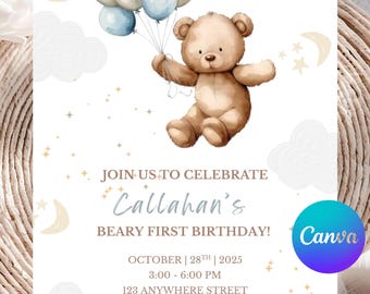 Beary First Birthday Invitation, Bear 1st Birthday Invite, Teddy Bear First Birthday, 1st Birthday Boy, Editable Template, Printable File