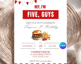 5th Birthday Invitation, Fast Food Party, Burger and Fries, Foodie Birthday, Gender Neutral Birthday Invitation, Digital Download, Printable