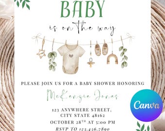 Zaproszenie na baby shower, Zaproszenie na baby shower bez podziału na płeć, Baby shower w zieleni, Zaproszenie na brunch dla niemowląt na sznurku, Pobieranie cyfrowe, Do druku