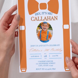 May include: A white birthday invitation card featuring a large orange bow tie and orange suspenders graphic. The text reads HEY, IT'S ME! CALLAHAN, JOIN US AND LET'S CELEBRATE Callahan's 5th Birthday, SATURDAY JUN 08 2025 1:00 PM, COOPER'S HOUSE.