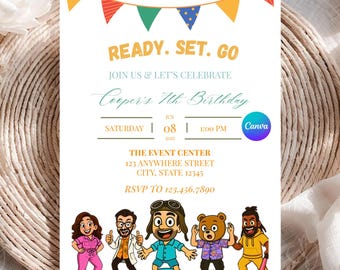 May include: A white birthday invitation card featuring colorful bunting at the top, the text READY. SET. GO, JOIN US & LET'S CELEBRATE, Cooper's 7th Birthday, date and location details, and five cartoon characters standing in a row at the bottom.