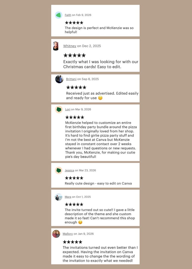 May include: A beige background displays customer reviews with five-star ratings. The reviews praise the design, ease of editing, and customization services. One review mentions a first birthday party bundle.