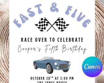 Boy Fifth Birthday Invitation, Vintage Race Car Birthday, 5th Birthday Invite Retro Birthday, Editable Digital Download, Fifth Invite