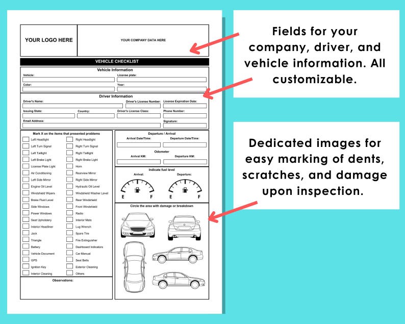 May include: A black and white vehicle checklist form with fields for vehicle, driver, and company information. Includes images for marking dents and damage. Text on the form reads "Vehicle Checklist".